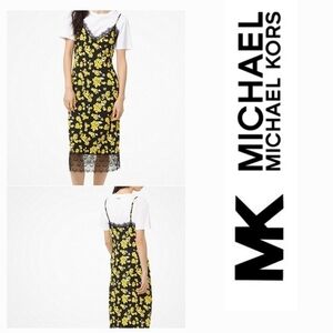 Michael Kors Black Yellow Floral Midi Slip Dress XS